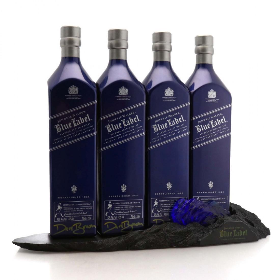 Johnnie Walker Blue Label Year of the Ram 4 x 75cl / with Suitcase and Display Stand - Signed