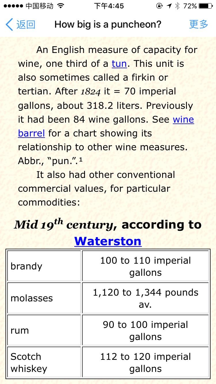 视装的酒而定，wine 为 320L，brandy、rum为500L左右，资料来源 ：https://sizes.com/units/puncheon.htm