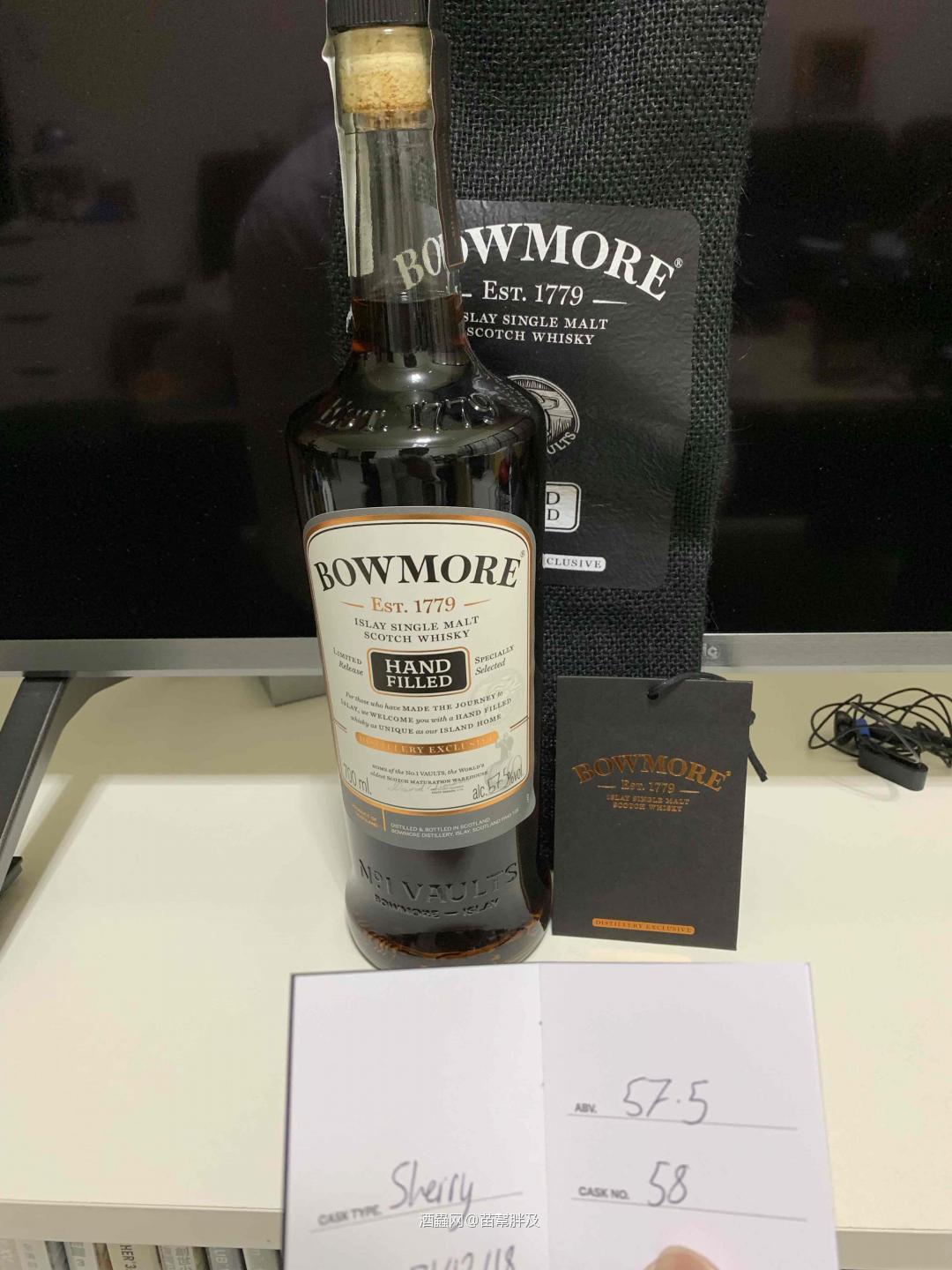 Bowmore 1998手工装瓶最新力作，桶号58，57.5%，SHERRY CASK，2018/12/31装瓶，近21年。2017 Bowmore Feis ile#57的姐妹桶