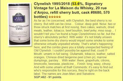 1995 Clynelish 小貓。whiskufun 老頭給的高分小貓，好喝。滿口臘味