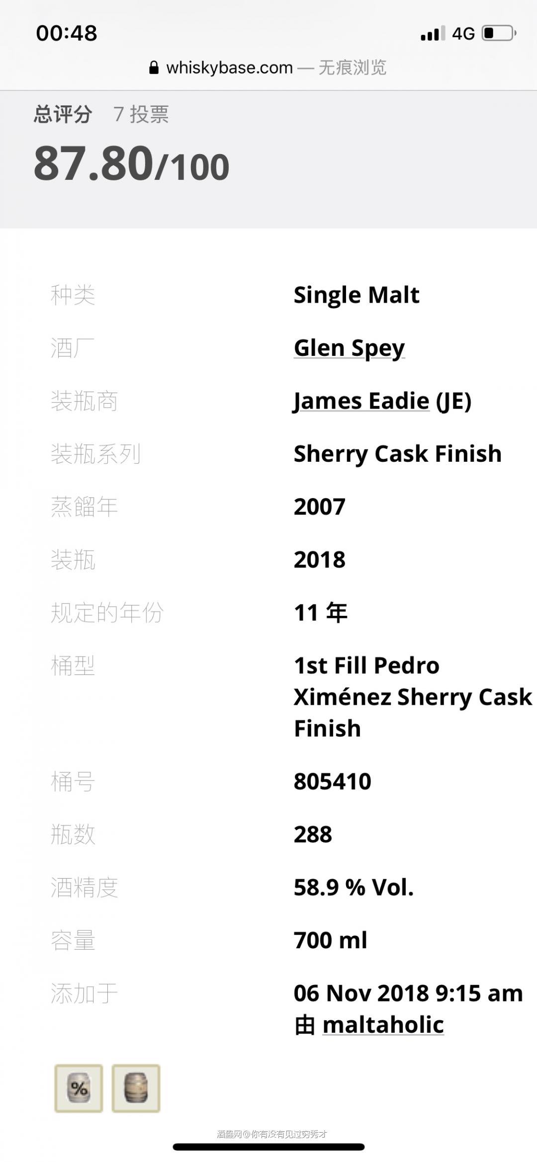 Glen Spey<p class='p'/>酒体清澈，深琥珀色<p class='p'/>闻香：花香、黑加仑葡…