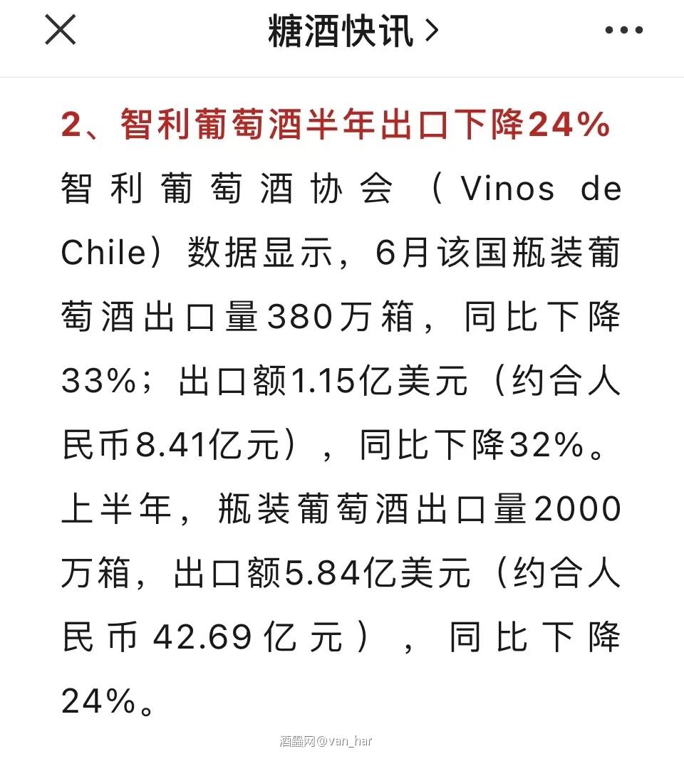 红酒资讯—智利葡萄酒出口下降