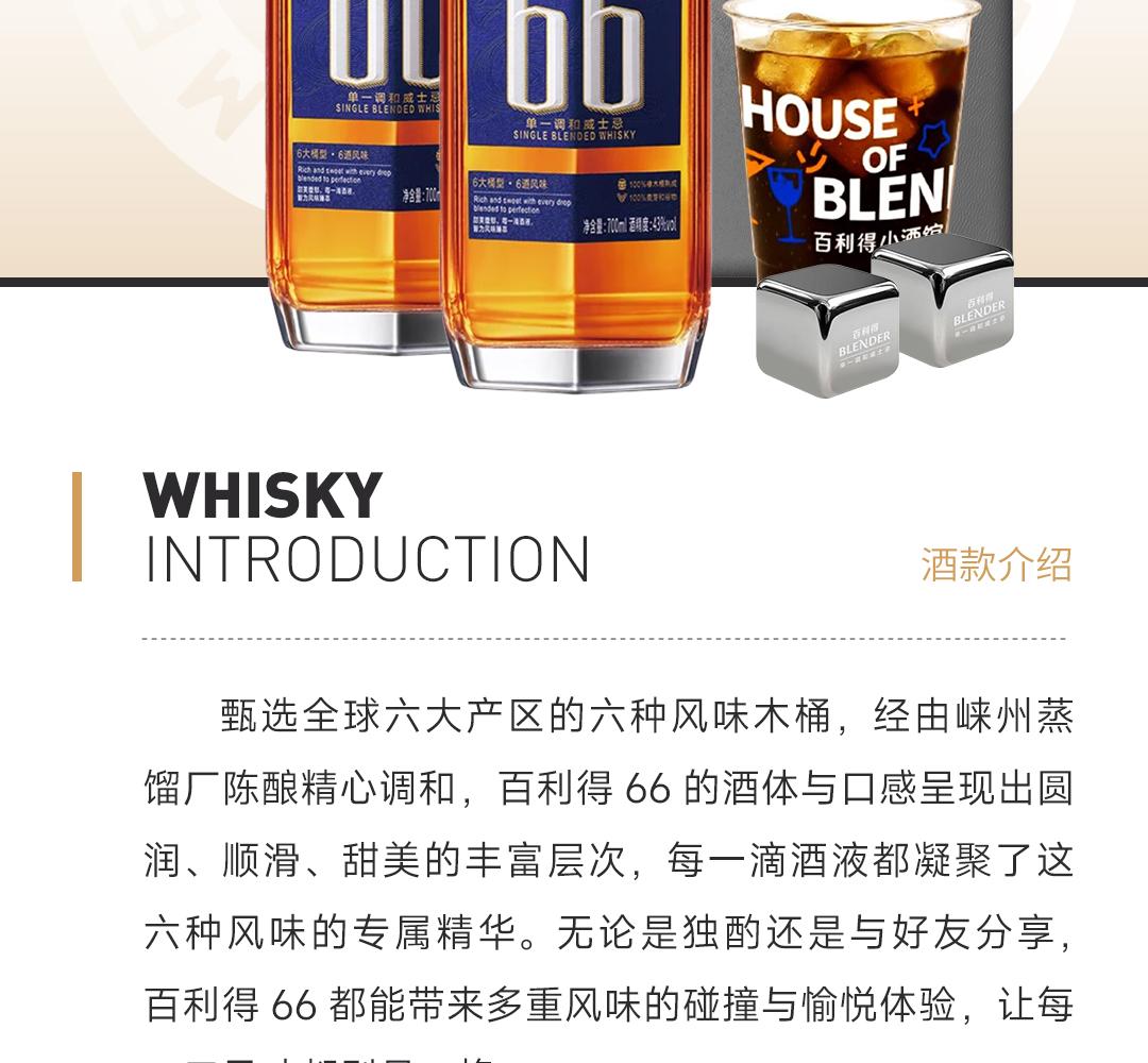 【买2赠4】Blender 2瓶装700ml百利得66单一调和威士忌