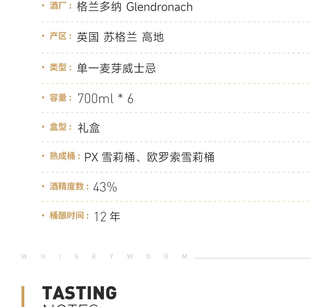 【6瓶装 送礼佳选】Glendronach 格兰多纳12年单一麦芽威士忌