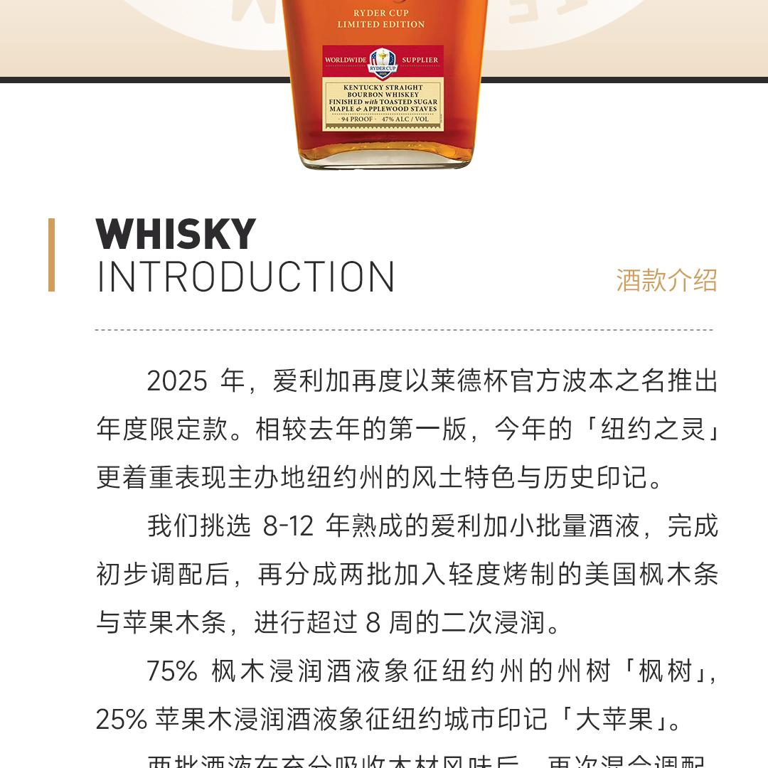 【莱德杯限定版】Elijah Craig 爱利加2025莱德杯限定版·纽约之灵 小批量波本威士忌