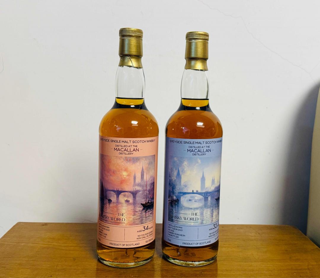 麦卡伦1989-2023/1990-2023 34/32年「伦敦的雾」雪莉桶单桶单一麦芽威士忌套装2只组