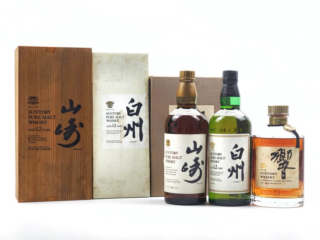 【全套首版】1984年/1994年/1989年 首版双狮标山崎12年单一麦芽威士忌/首版金花标白州12年单一麦芽威士忌/首版双狮标响17年威士忌 43% 760/750/750ml