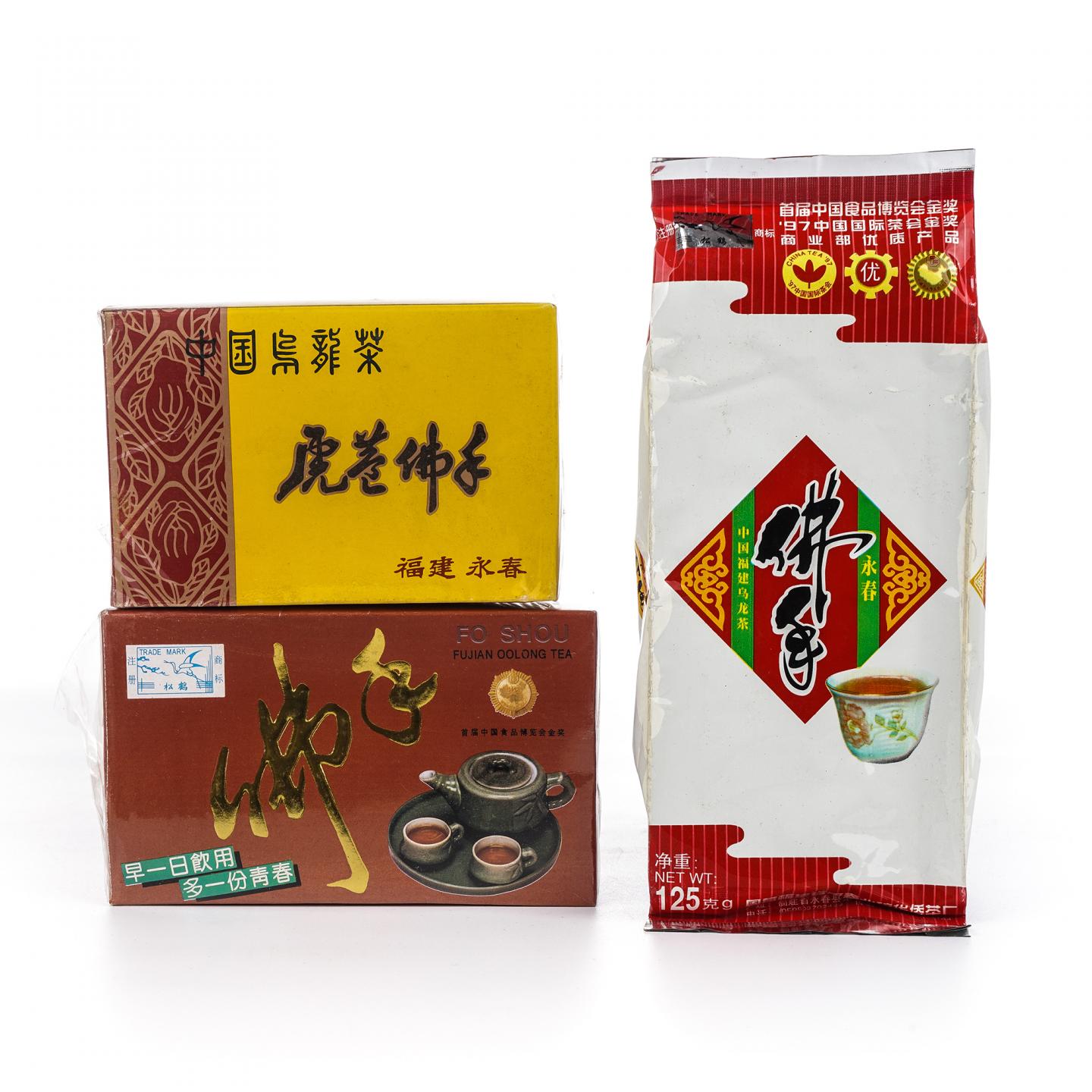 九十年代 松鹤牌佛手125克/盒装+虎庵佛手100克/盒装+松鹤牌佛手125克/袋装 共3件组