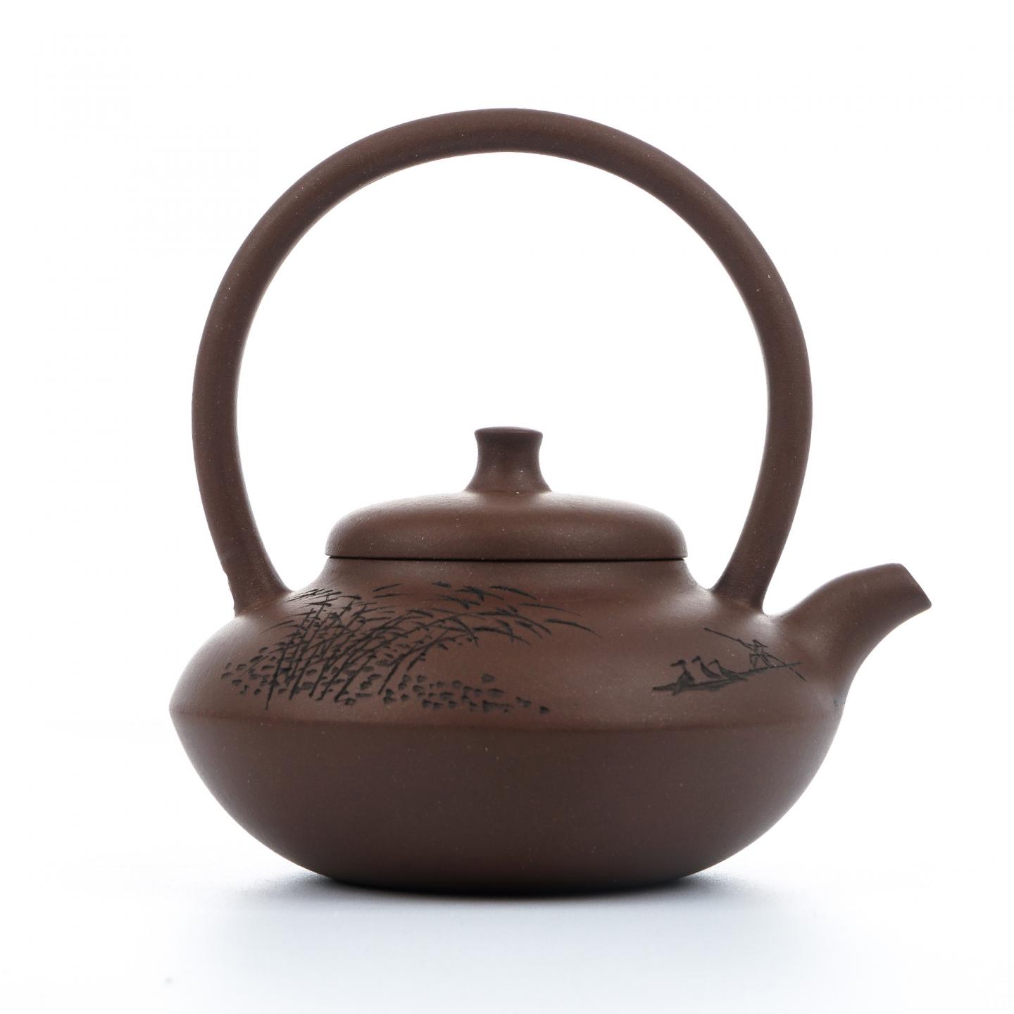 （长乐弘）【徐秀棠题字】合欢提梁壶 紫砂壶 当代 约250cc 约高73mm