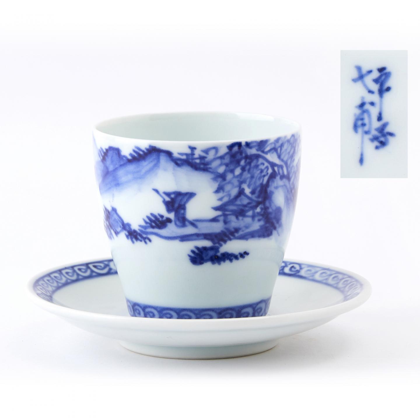 平安七甫｜昭和时期 本手作京烧青花染付山水人物杯碟组