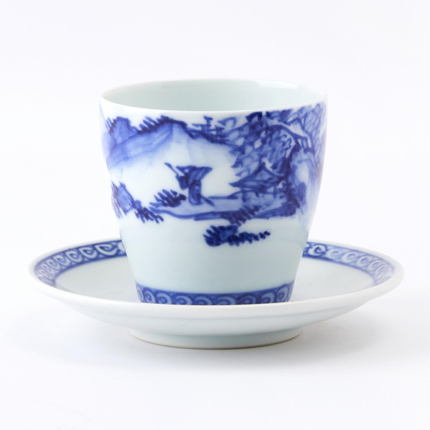 平安七甫｜昭和时期 本手作京烧青花染付山水人物杯碟组