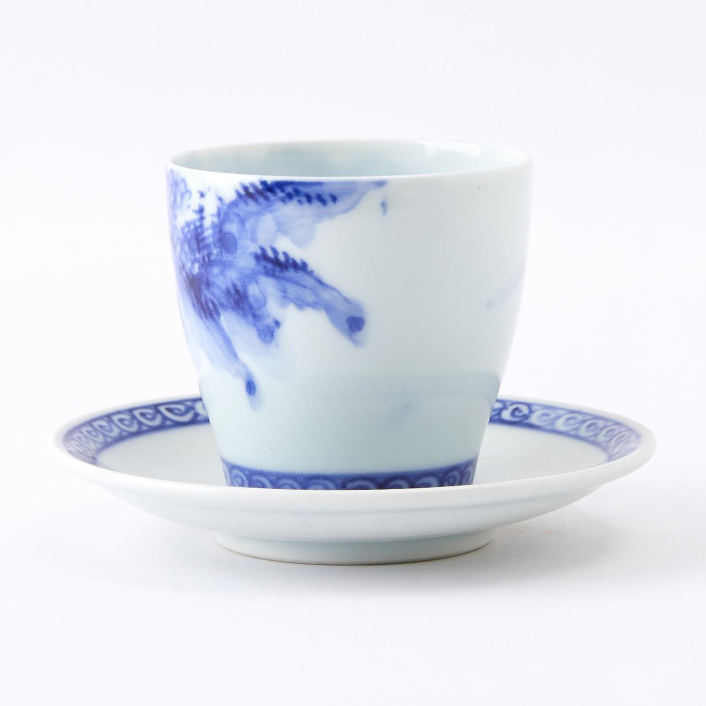 平安七甫｜昭和时期 本手作京烧青花染付山水人物杯碟组