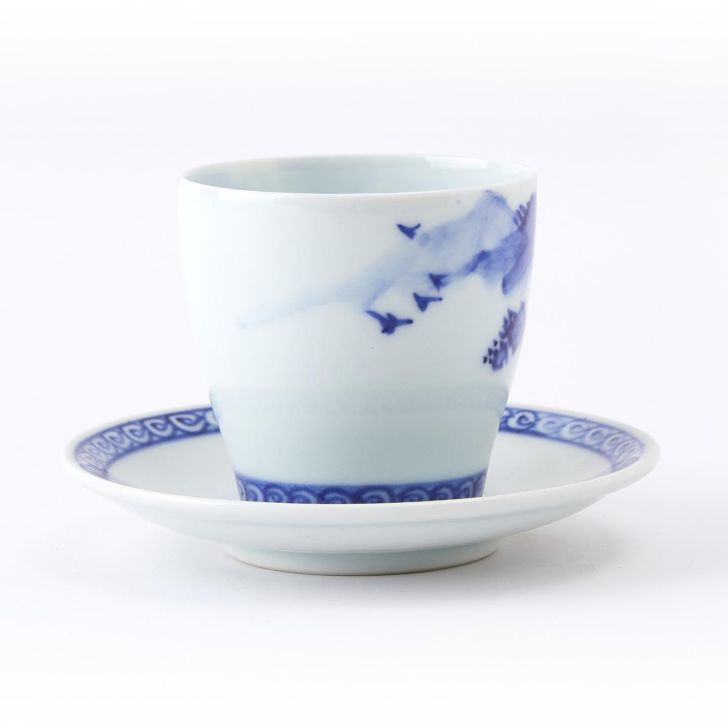 平安七甫｜昭和时期 本手作京烧青花染付山水人物杯碟组