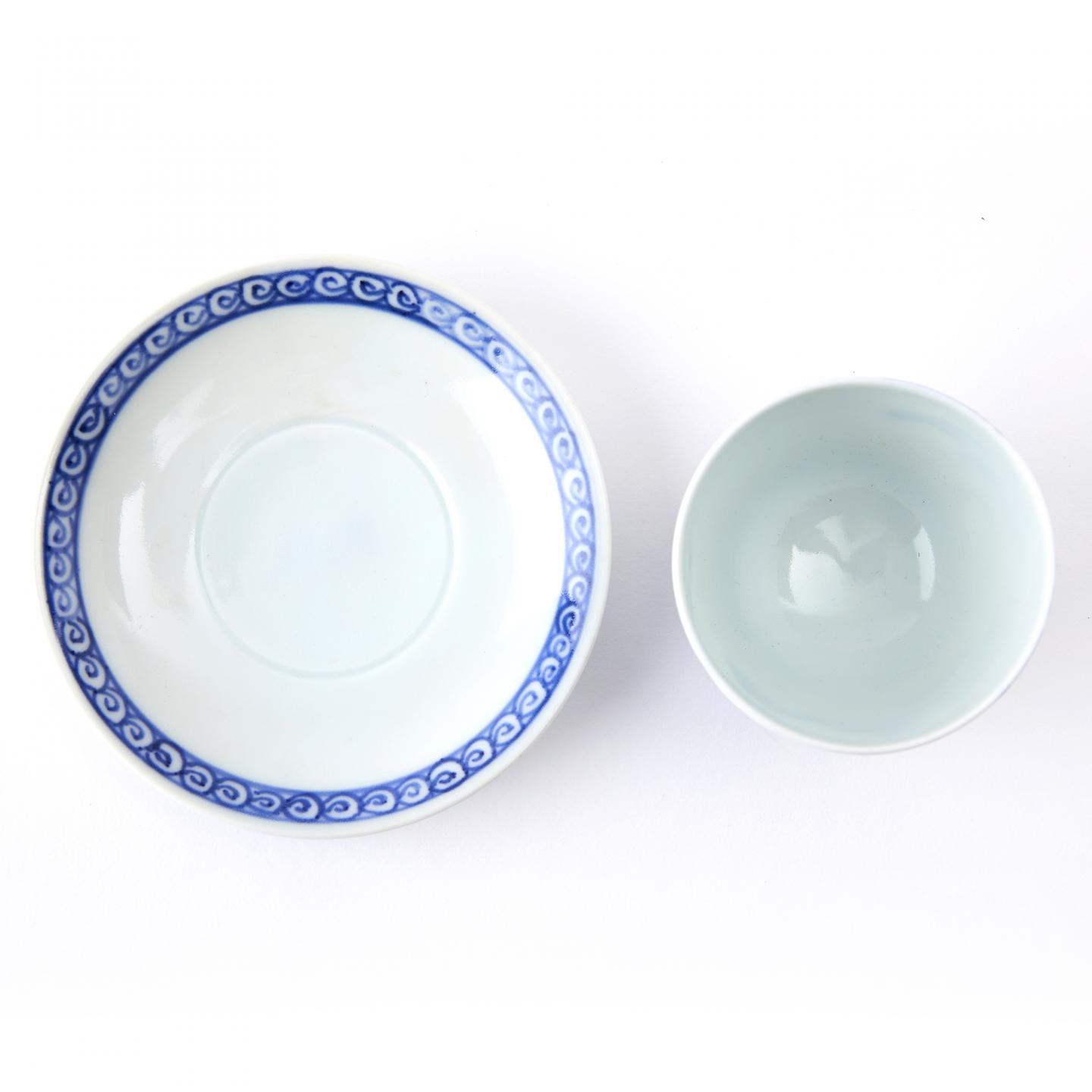 平安七甫｜昭和时期 本手作京烧青花染付山水人物杯碟组