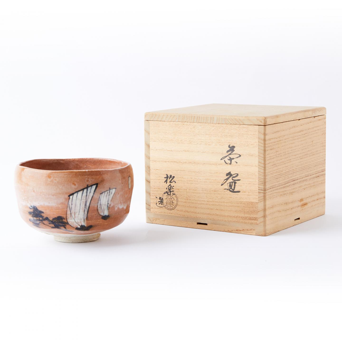 平安松乐｜昭和时期 低温烧风景画片满开片乐烧茶碗