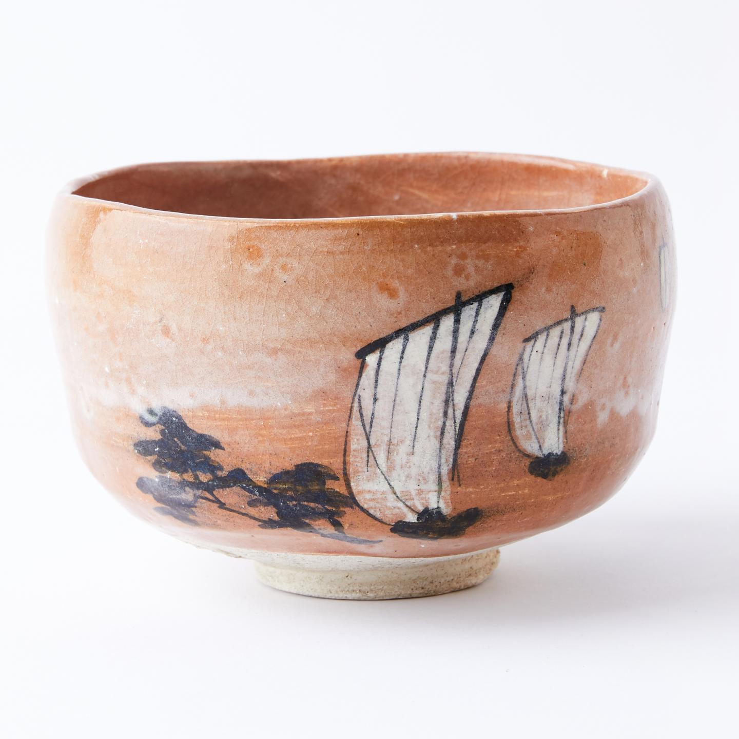 平安松乐｜昭和时期 低温烧风景画片满开片乐烧茶碗