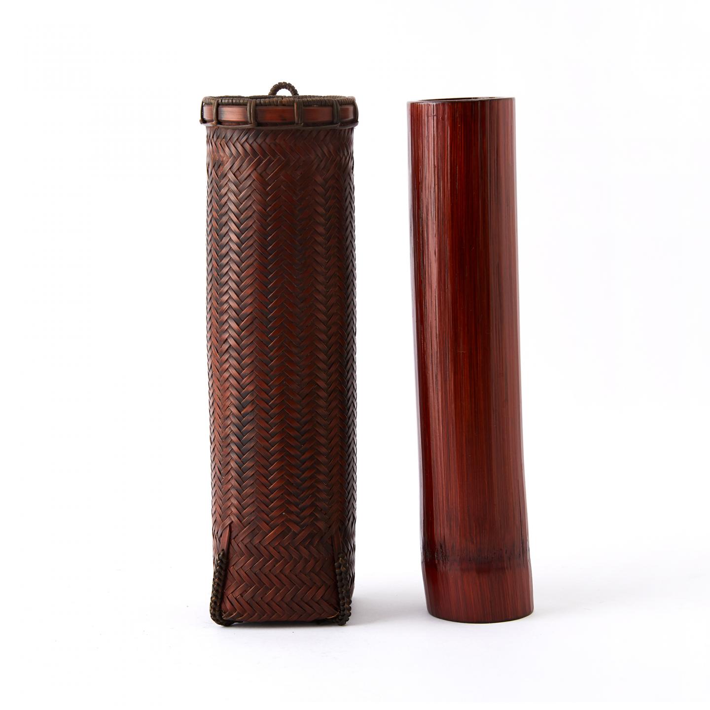 竹仙作｜明治时期 细工竹编挂花器（附大漆竹内胆）