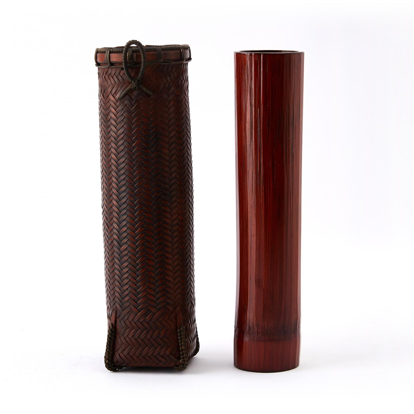 竹仙作｜明治时期 细工竹编挂花器（附大漆竹内胆）