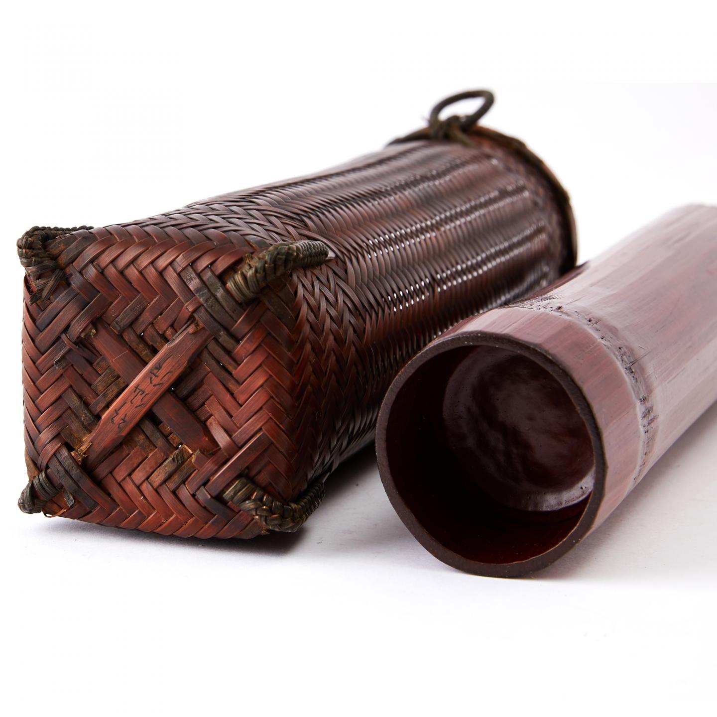 竹仙作｜明治时期 细工竹编挂花器（附大漆竹内胆）