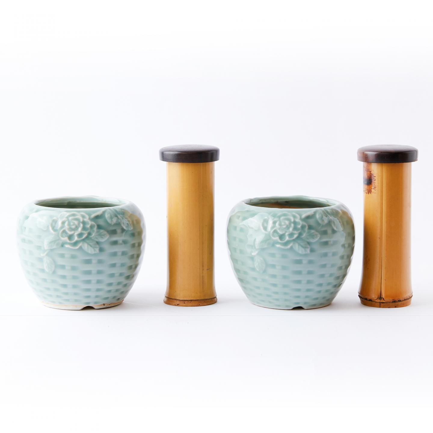 奈良荒井谨制｜昭和时期 根来涂大漆收纳盒、青瓷香炉组