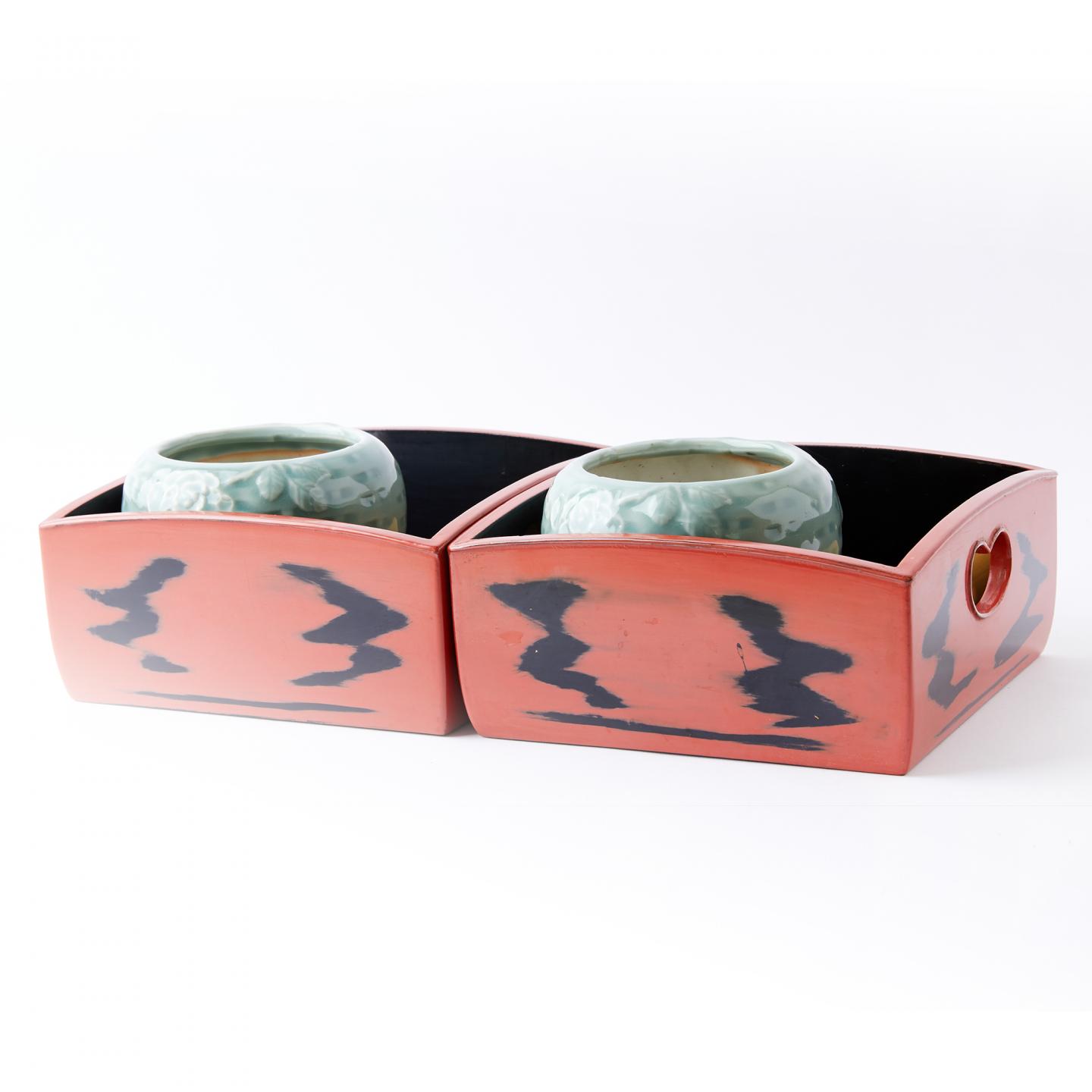 奈良荒井谨制｜昭和时期 根来涂大漆收纳盒、青瓷香炉组