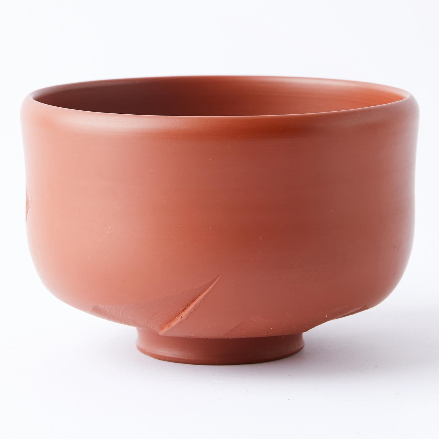 煌堂谨制｜昭和时期 常滑烧朱泥刻花开窗松树诗文茶碗