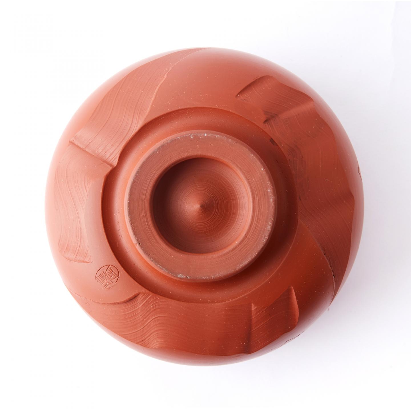 煌堂谨制｜昭和时期 常滑烧朱泥刻花开窗松树诗文茶碗