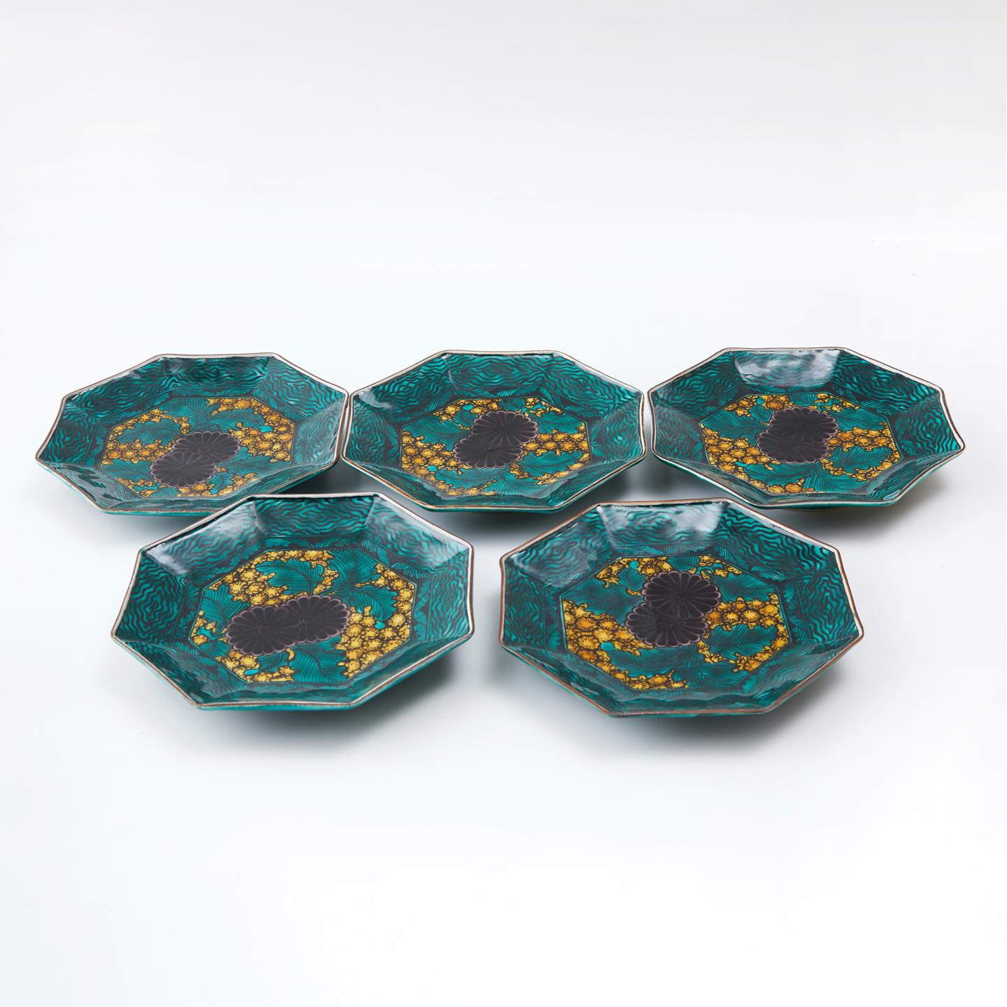 越田基一｜昭和时期 “福”字款黄绿交趾菊文图铭皿 5客