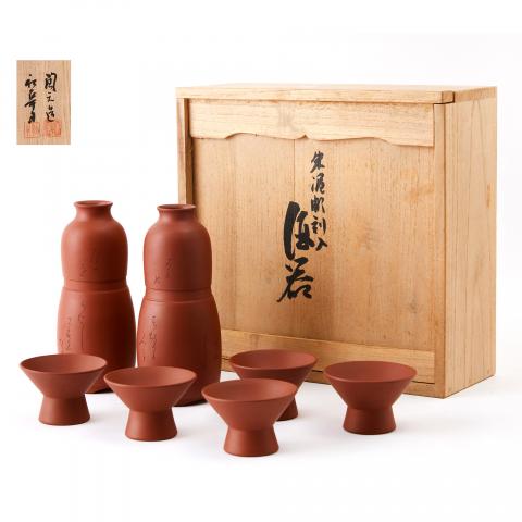 都筑陶元｜昭和时期 朱泥手刻诗文常滑烧德利组