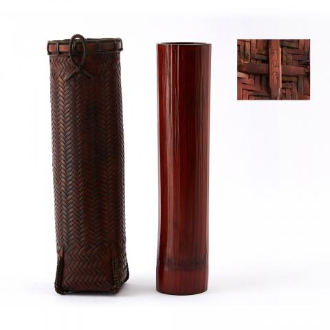 竹仙作｜明治时期 细工竹编挂花器（附大漆竹内胆）