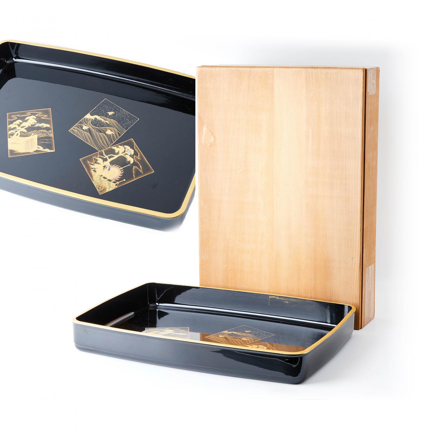 大正-昭和时期 木胎大漆 高肉金莳绘嵌螺钿风景画片砚盒