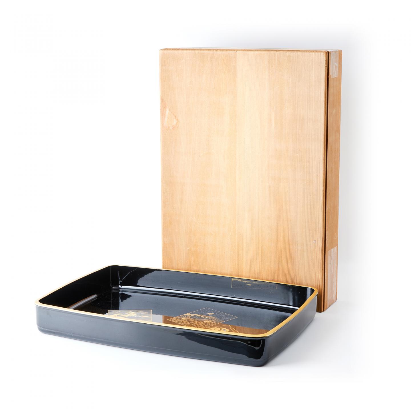 大正-昭和时期 木胎大漆 高肉金莳绘嵌螺钿风景画片砚盒