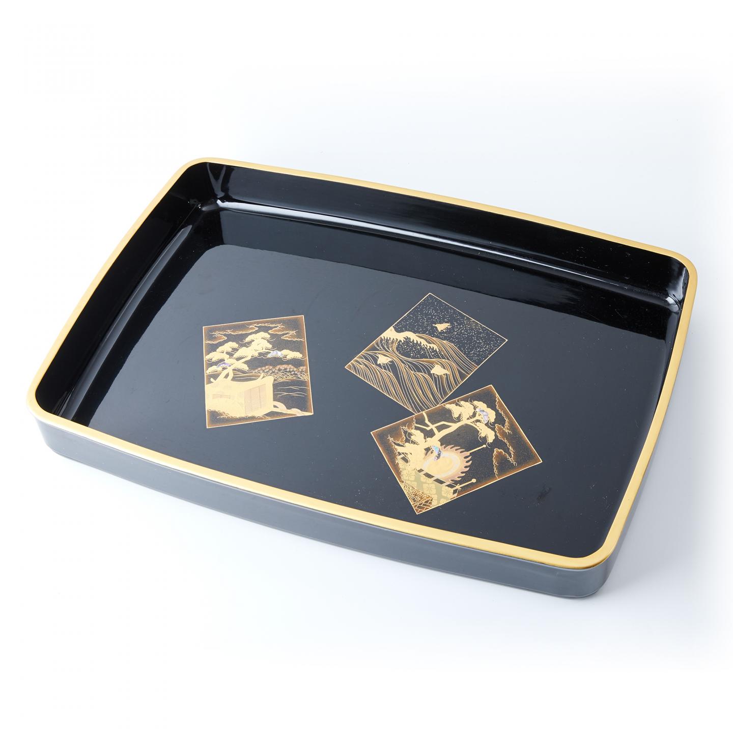 大正-昭和时期 木胎大漆 高肉金莳绘嵌螺钿风景画片砚盒