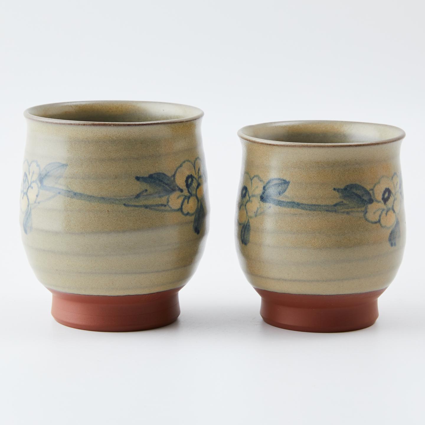 人间国宝伊藤赤水｜昭和时期 佐渡无名异烧青花花卉汤吞组