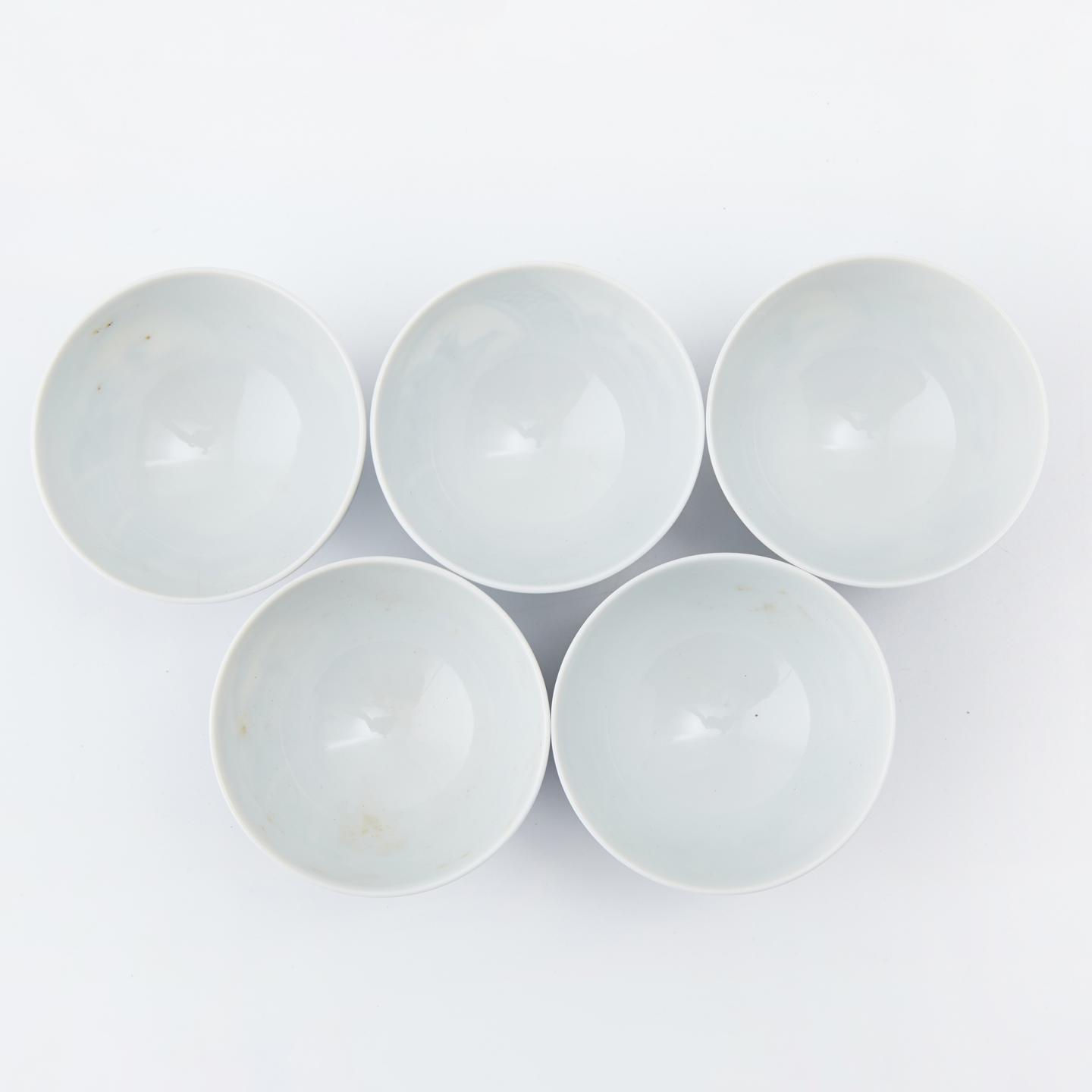 平安七甫|昭和时期 青花染付风景画片薄胎品茗杯5客(附送实木茶托5客)