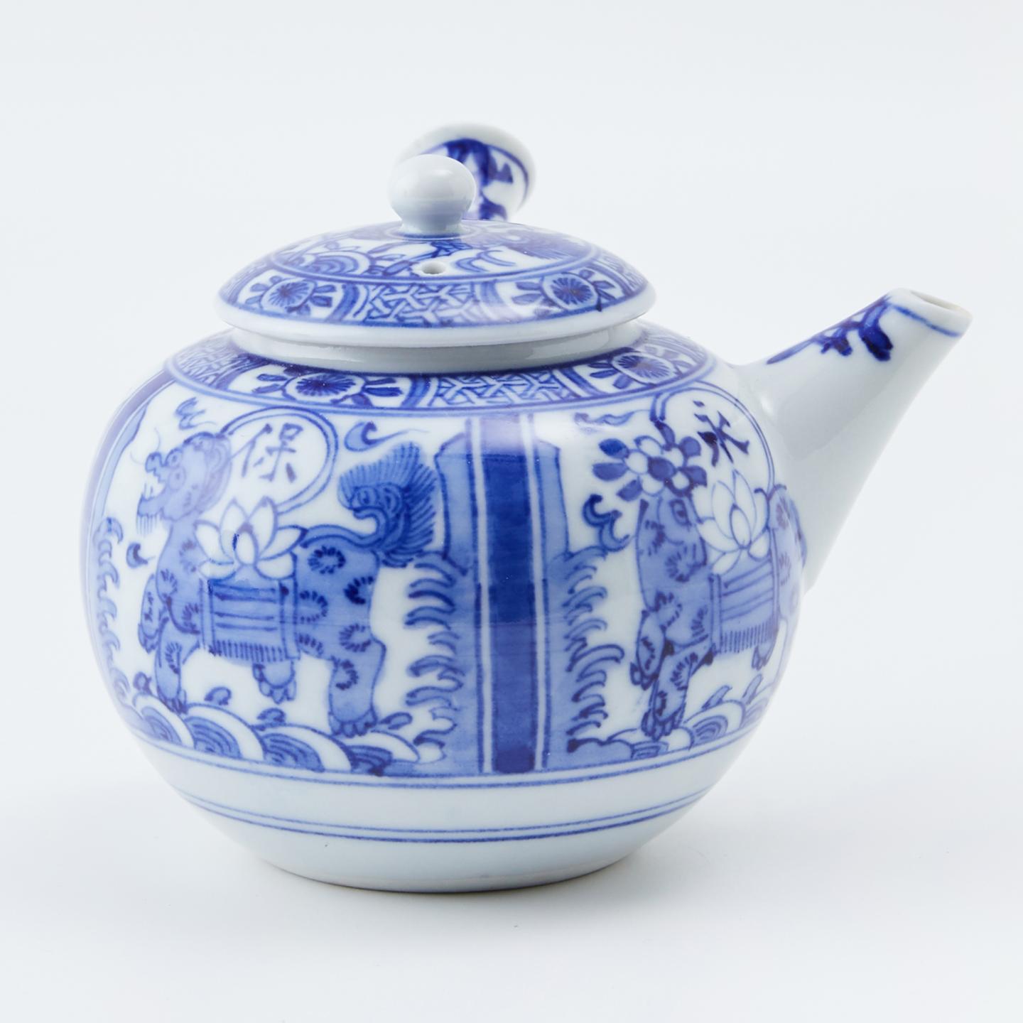 古九谷｜明治时期 青花染付满绘“永保长春”古九谷侧把壶