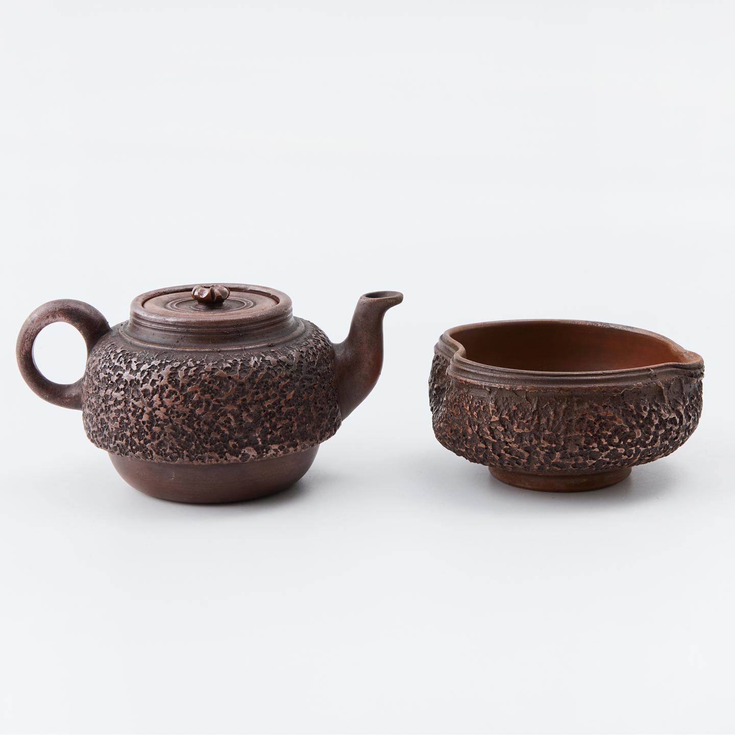 古备前｜明治时期 荒肌纹后手急须茶具套组