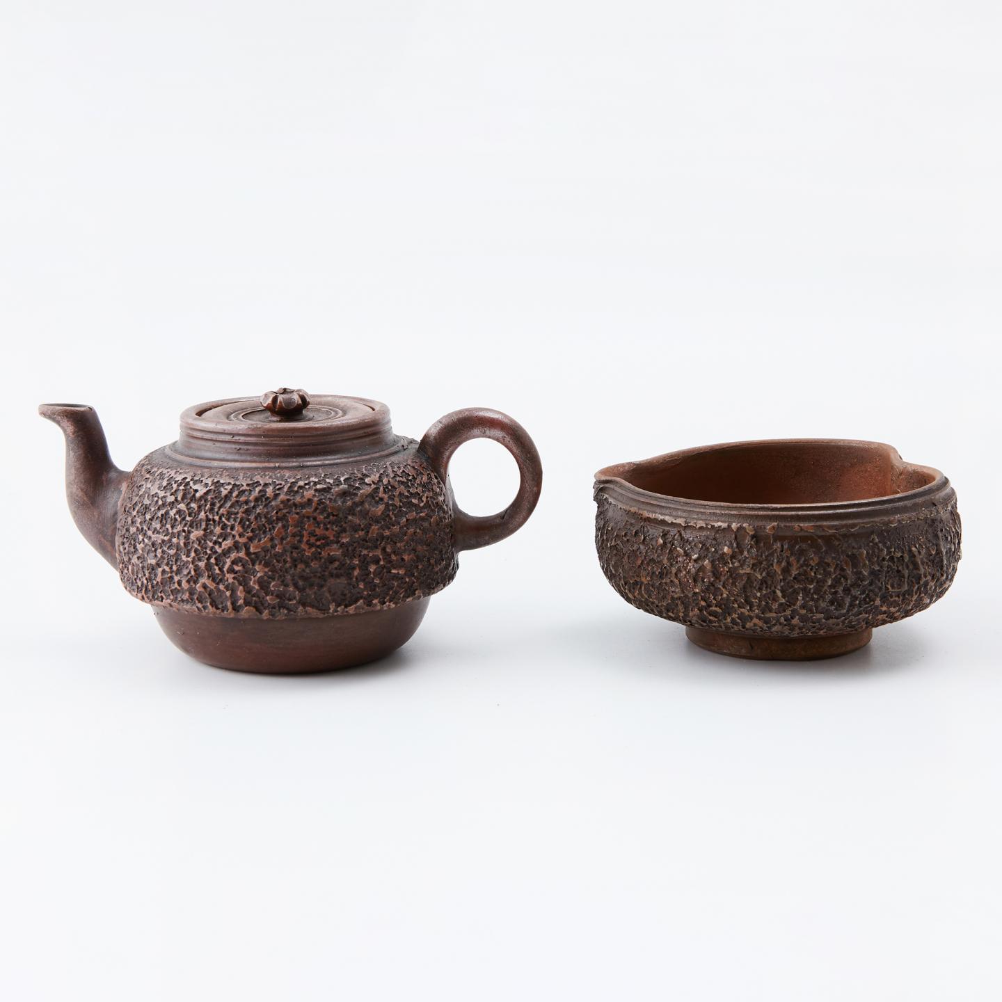 古备前｜明治时期 荒肌纹后手急须茶具套组