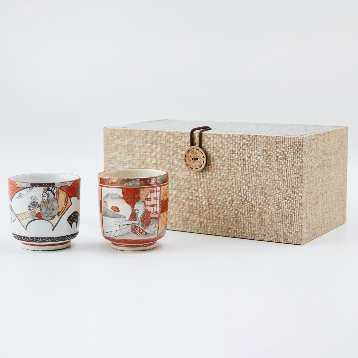 古九谷｜明治时期 古九谷赤绘描银人物风景汤吞杯2客