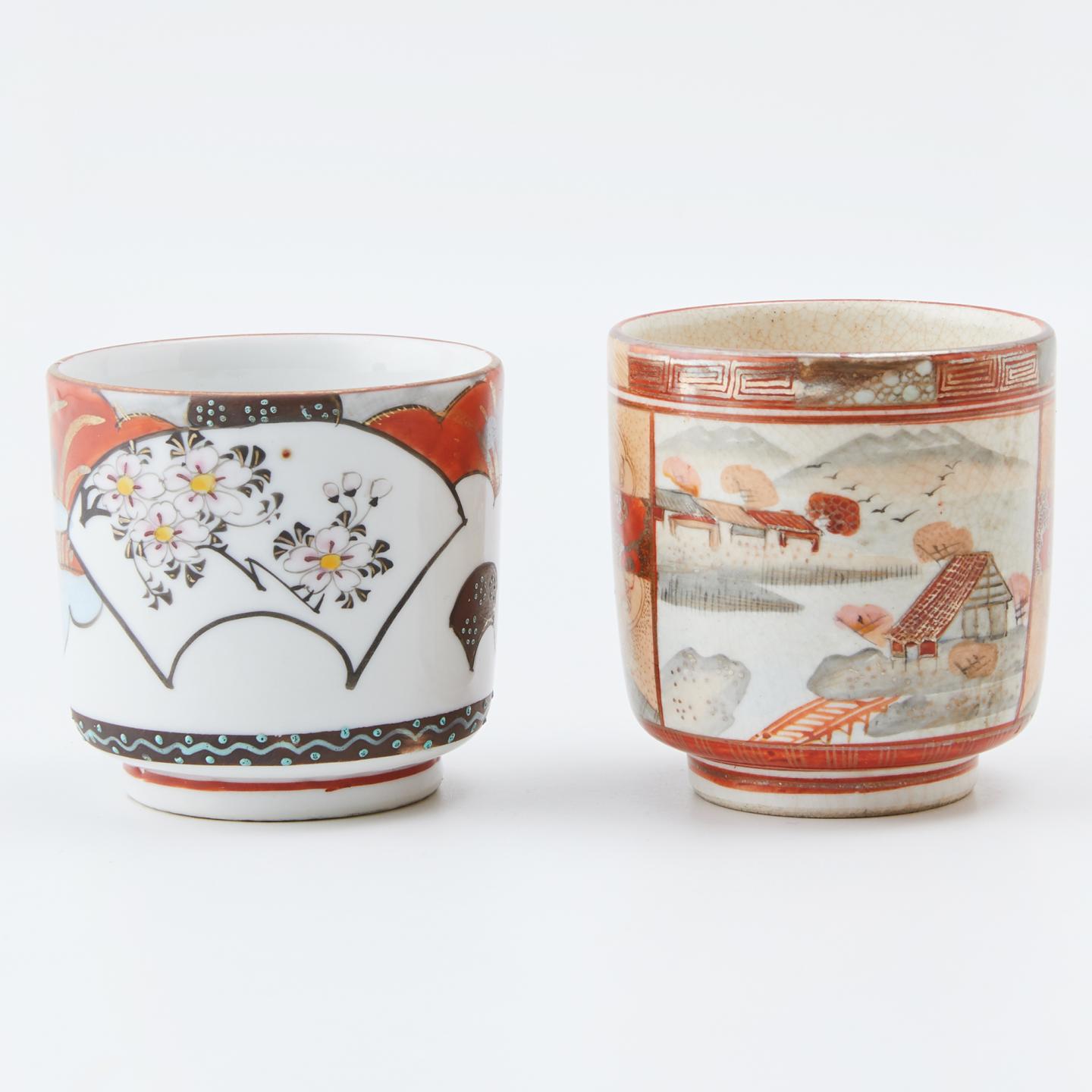 古九谷｜明治时期 古九谷赤绘描银人物风景汤吞杯2客