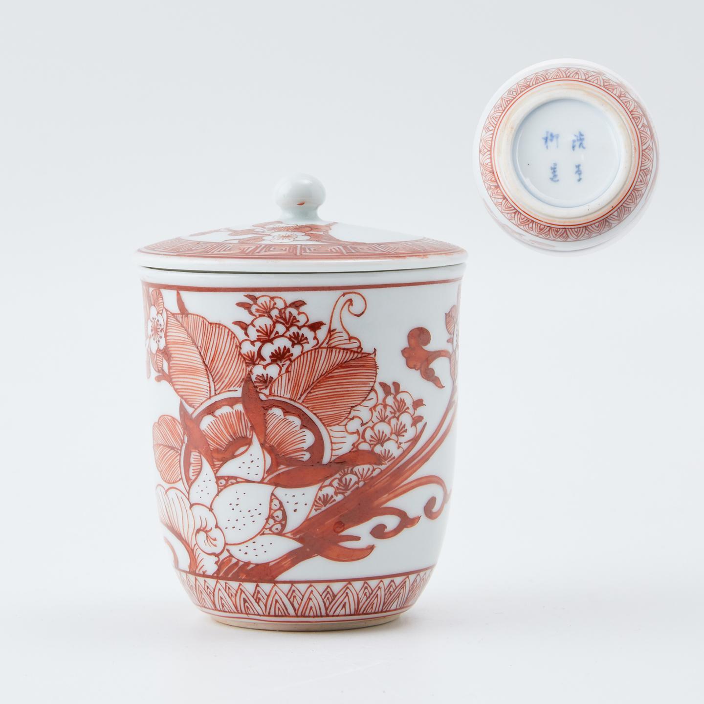 涉草柳造｜明治时期 细密赤绘花卉纹盖杯