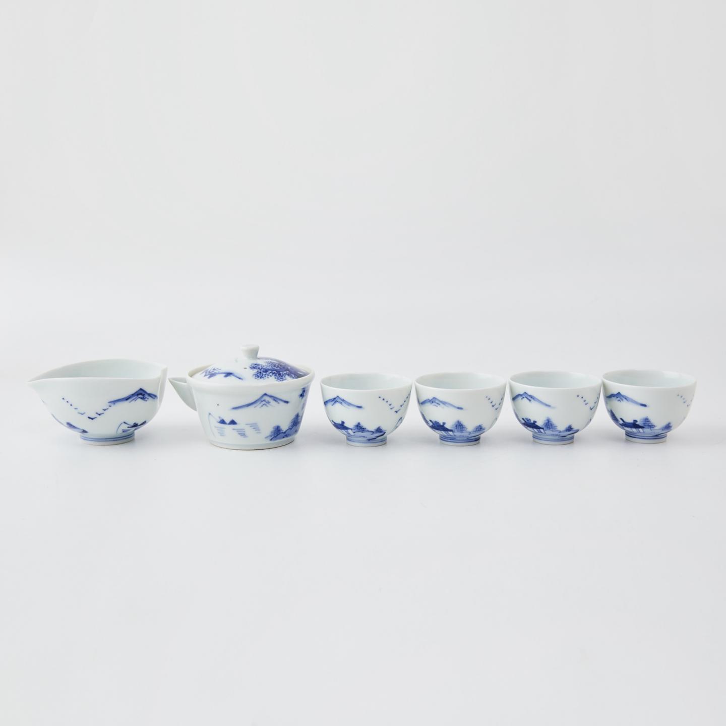 赫烽｜昭和时期 名家作手绘青花染付山水茶器组