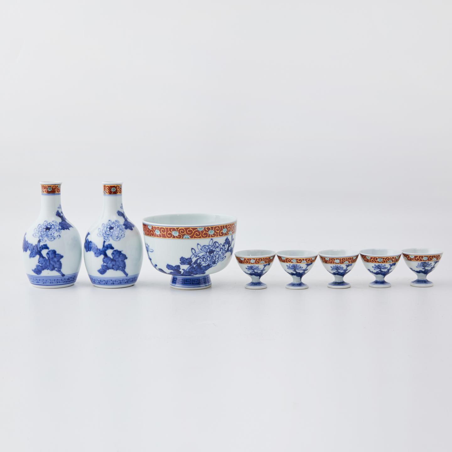 旭昇堂|大正时期 菊正宗金彩染付手绘菊花酒器组