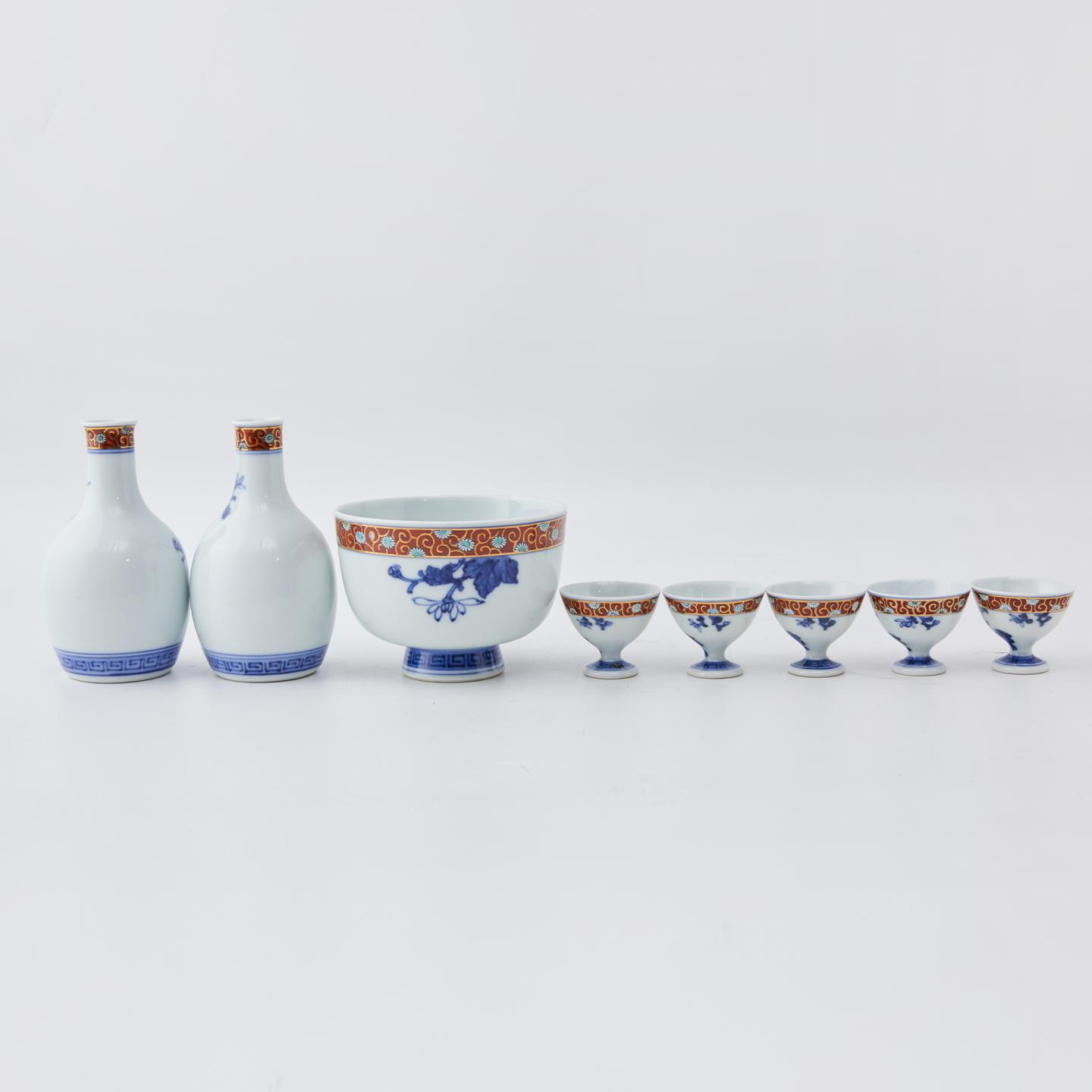 旭昇堂|大正时期 菊正宗金彩染付手绘菊花酒器组