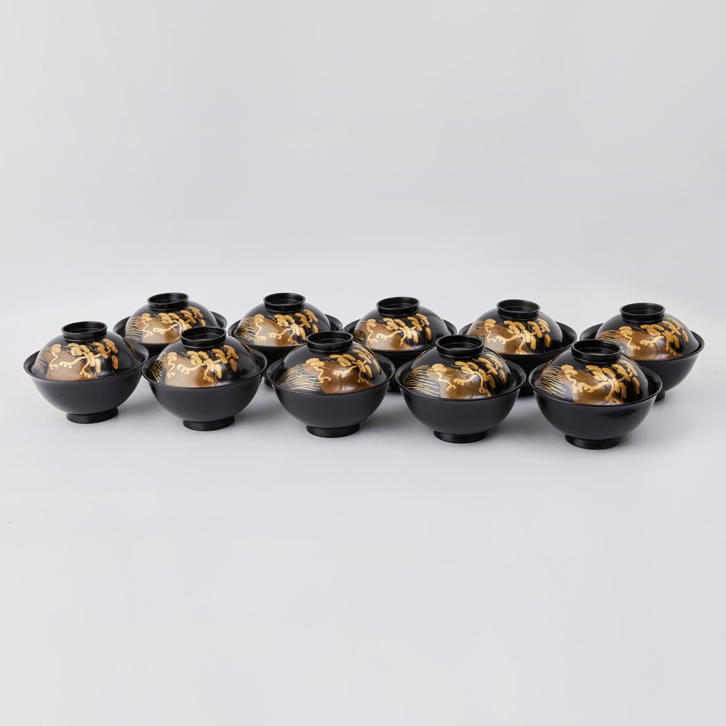 时代漆器丨明治-大正时期 木胎大漆松莳绘大漆盖碗 10客