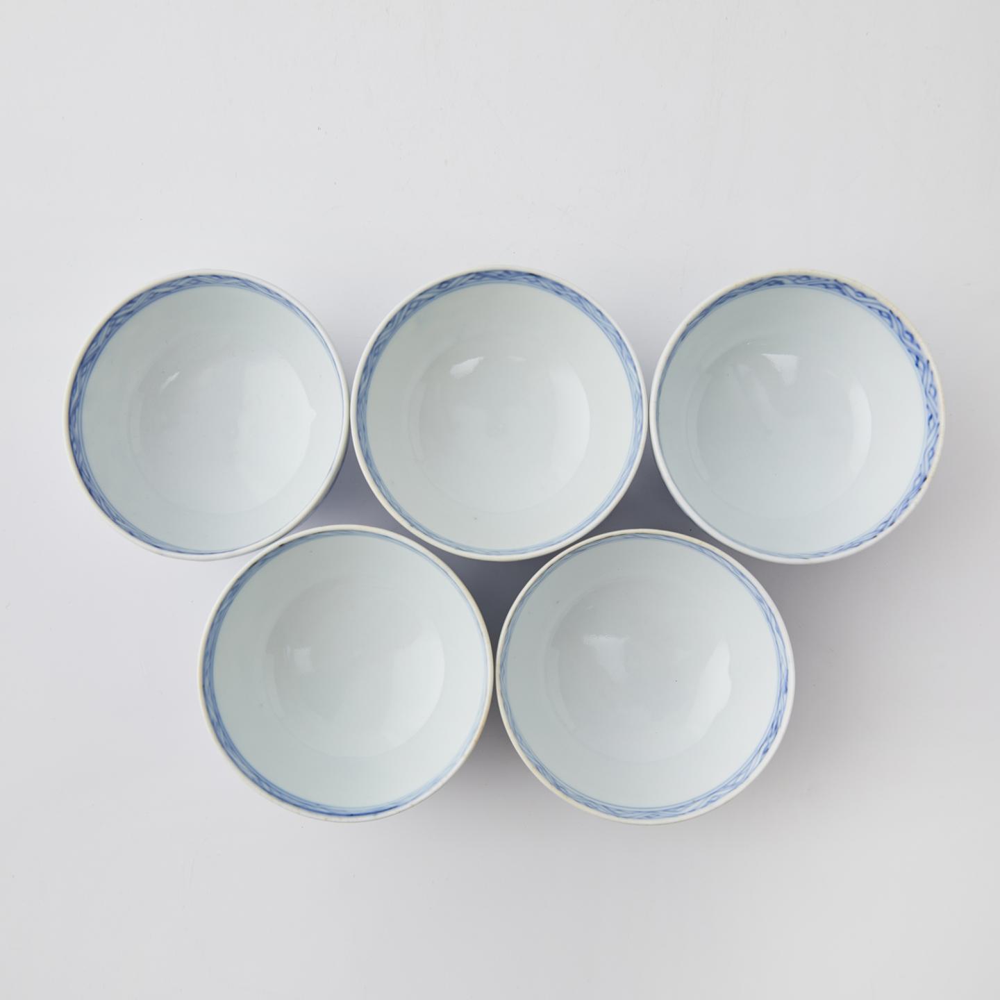 明治时期 青花手绘缠枝文 5客杯（配实木茶托）