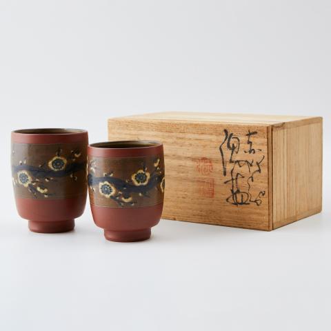 人间国宝伊藤赤水｜昭和时期 佐渡无名异烧梅花汤吞组