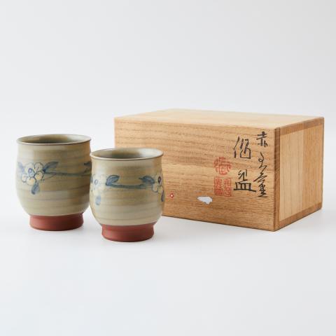 人间国宝伊藤赤水｜昭和时期 佐渡无名异烧青花花卉汤吞组