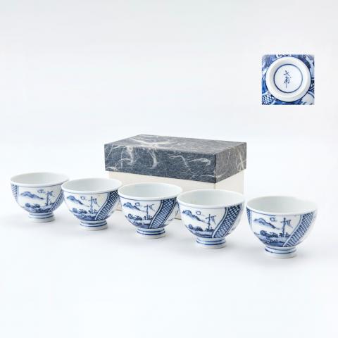 平安七甫｜昭和时期 青花染付风景画片薄胎品茗杯5客（附送实木茶托5客）