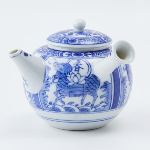 古九谷｜明治时期 青花染付满绘“永保长春”古九谷侧把壶